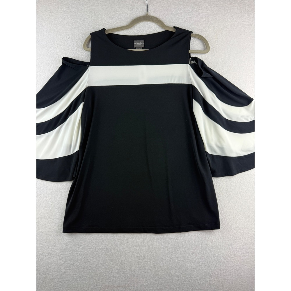 Travelers by‎ Chicos Blocked Cold Shoulder Top Black White 3/4 Sleeve Size 1 M